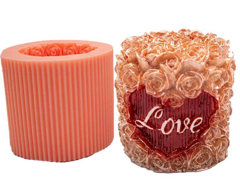 Love Yazılı Güllü Silindir Mum Kalıbı M-193