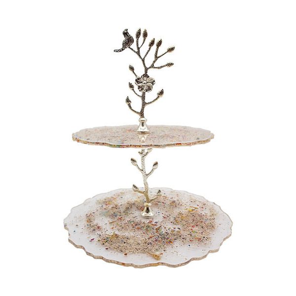 Epoksi Dalda Kuş Model Kek Standı Demiri Gümüş Renk